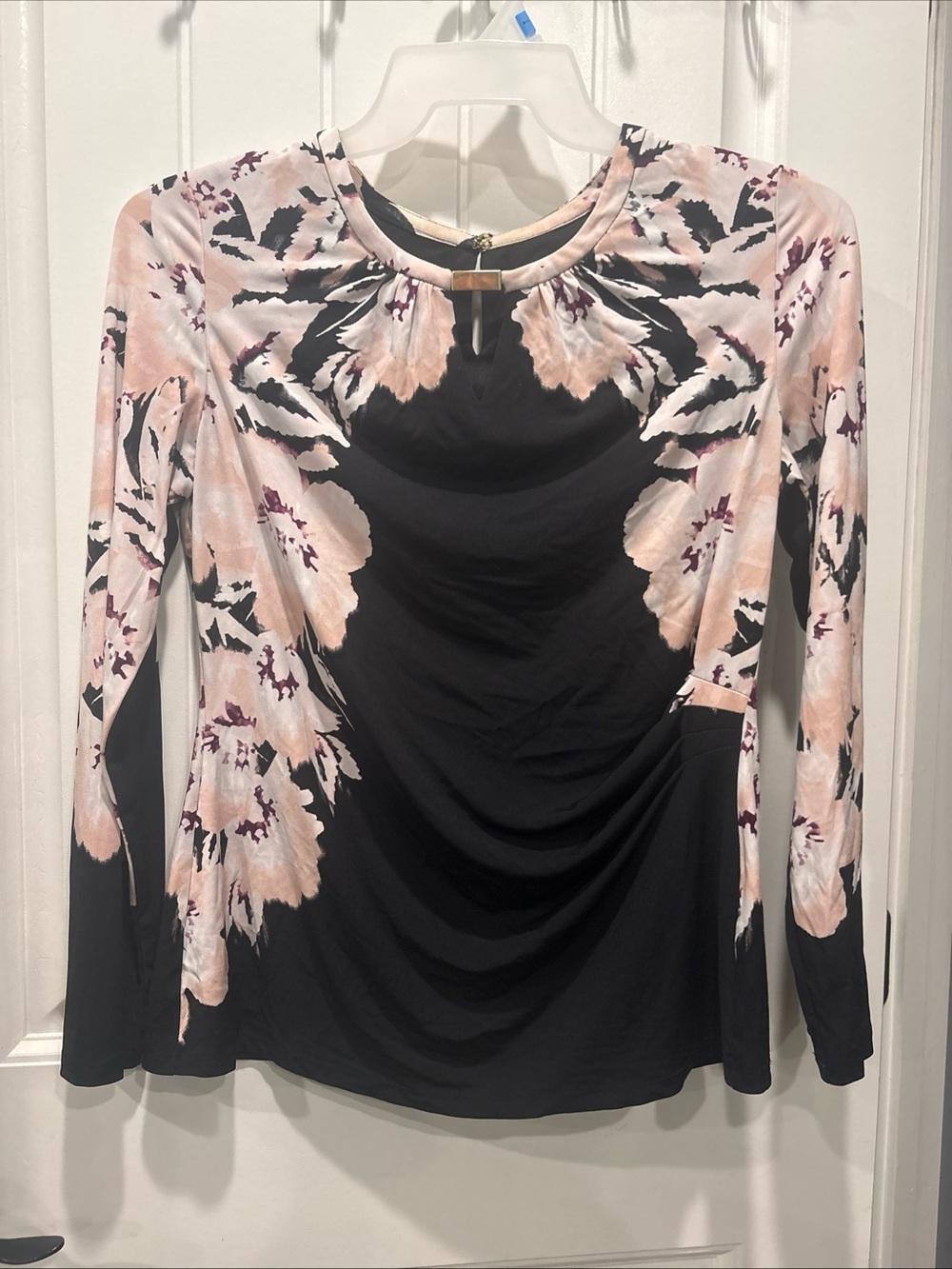 Calvin Klein Black Long-Sleeve Top with Blush Floral Print